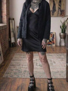 Dialogue Black Textured Shawl Collar Button-Up Knotted Buttons Oversized Small
